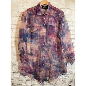 Nina Parker Organza Top Womens 1X Pink & Purple Watercolor Sheer Button Up Artsy
